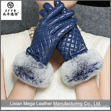 fashion sheep winter ladies navy glove leather with rabbit fur